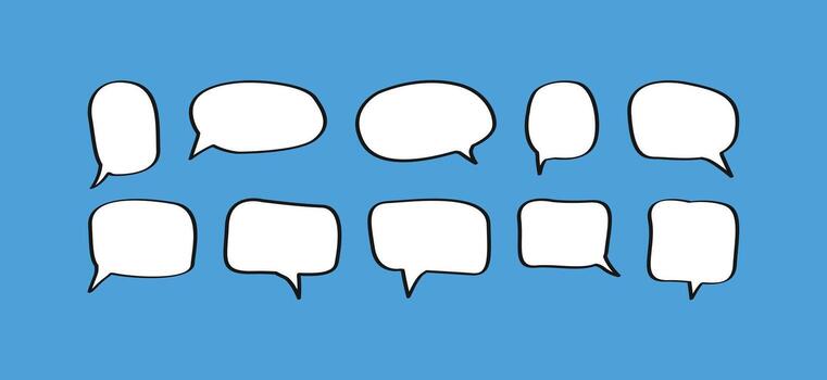 A set of ten diverse hand-drawn speech bubbles with a bold, black outline on a solid blue background. Includes various shapes and sizes, ideal for comics, dialogue, and communication themes vector