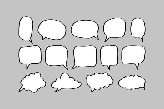 A set of fifteen diverse hand-drawn speech and thought bubbles with a bold, black outline on a gray background. Includes different shapes like clouds, ovals, and squares, ideal for comics and dialogue vector