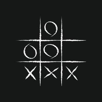 Chalkboard-style tic-tac-toe game with a winning line. Hand-drawn X and O symbols. Ideal for game UI, educational themes, or retro design projects vector