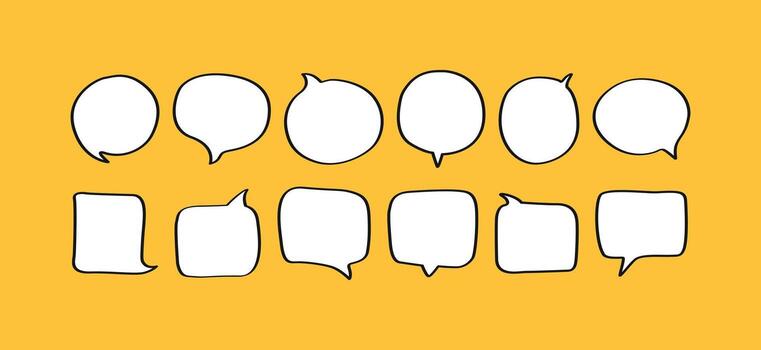 A versatile set of hand-drawn speech bubbles with bold outlines. This collection includes a variety of round and square shapes, perfect for comics, cartoons, and interactive designs vector