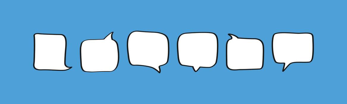 A set of six hand-drawn square speech bubbles with various tails. This collection is perfect for comics, cartoons, and presentations, giving your work a doodle or sketch look. Use it for dialogue vector