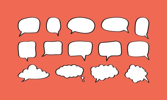 A set of fifteen diverse hand-drawn speech and thought bubbles with a bold, black outline on a vibrant coral background. Includes different shapes like clouds, ovals, and squares vector