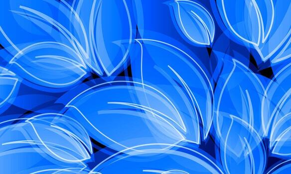 Abstract glowing blue leaves background. overlapping leaf shapes with neon-style outlines and smooth curves. vibrant shiny background. vector
