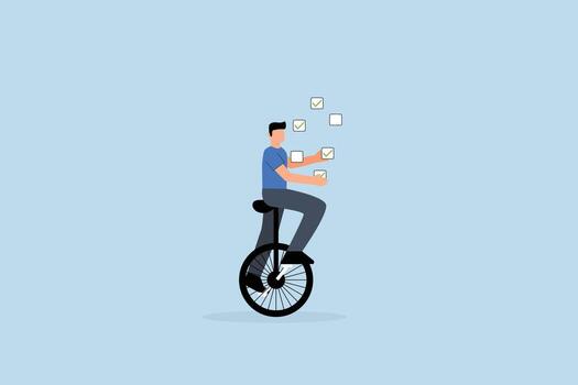 Todo list professional, businessman juggling checkbox on unicycle vector