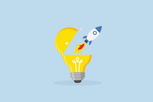 Innovation to launch new idea, creative rocket launch soaring high from the bright illumination of a brilliant idea vector