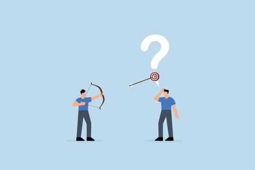 Ask good question, inquisitive entrepreneur posing insightful queries aimed at others for responses vector