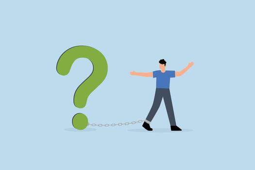 dificil con sin respuesta pregunta, exasperado empresario pesado abajo por un masivo pregunta marca carga vector