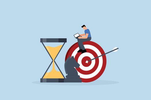 Business strategy, businessman using a computer sits on a goal with a chess knight and an hourglass vector