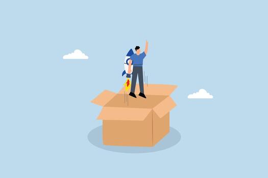 Think outside the box, businessman take off from open container using rocket engine vector