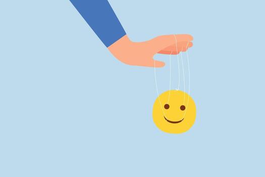 Control emotion, businessman hands bound with string to manage, influence grin like marionette vector