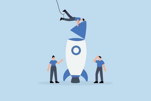 Build startup company, Innovative businessman and woman colleagues assist one another in constructing rocket vector