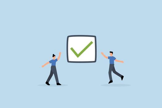 Complete task, Joyful professionals rejoice with a completed checkmark after successfully finishing a challenging project vector