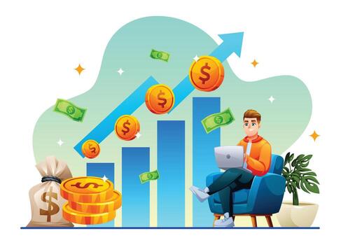 Person analyzing financial growth on laptop vector