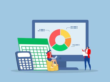 Spreadsheet producing reports,business people accountants with calculator, spreadsheet producing reports,Accounting and finance audit, calculate budget, vector