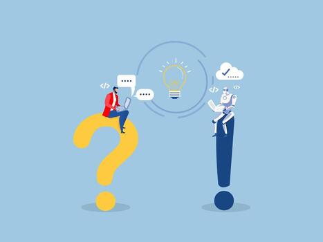 Businessman and robot ask and answer questions Question and answer session, FAQ vector