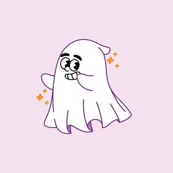 un sencillo y adorable ilustración de un simpático fantasma personaje mirando tímido o nervioso, con destellos alrededor eso en un ligero púrpura antecedentes. vector