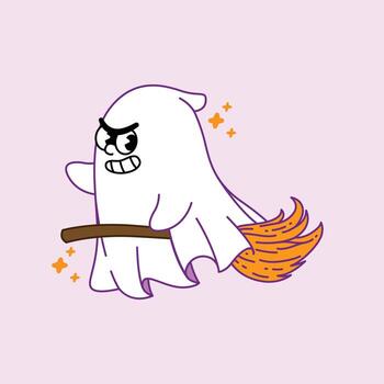 A spooky and funny ghost character with a determined expression flying on a magic broom. Halloween illustration isolated on a light background. vector