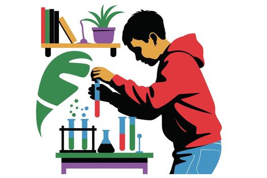 Young boy in red hoodie conducts a colorful science experiment with bubbling beakers and flasks vector