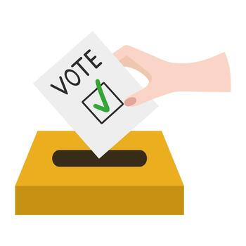 Hand placing a ballot paper with a green check mark into a yellow ballot box, symbolizing the act of voting and participating in democracy vector