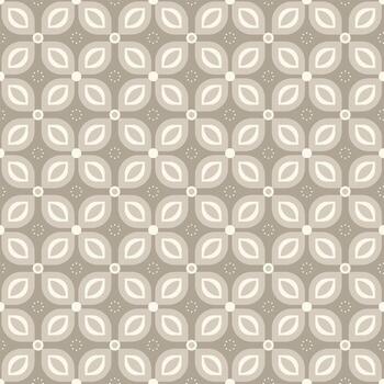 This elegant seamless pattern is a minimalist interpretation of the Batik Kawung motif, featuring simple botanical shapes and subtle dotted details in a soft, neutral palette. vector