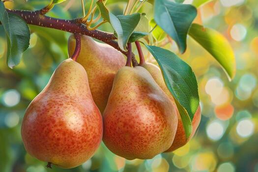 Three pears hanging from a tree branch photo