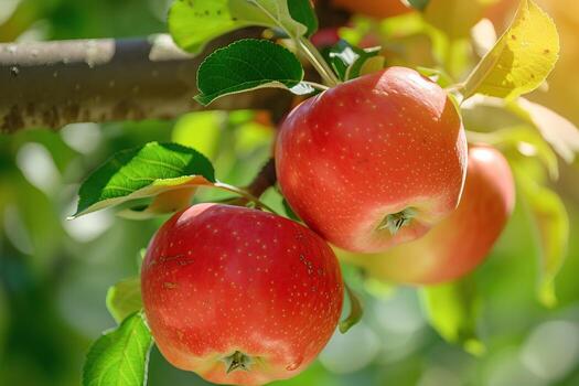 Three red apples are on a tree photo