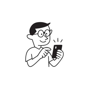 hombre utilizando teléfono inteligente enfocado y contento. vector