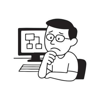 Man Concentrating on Computer Diagram. vector