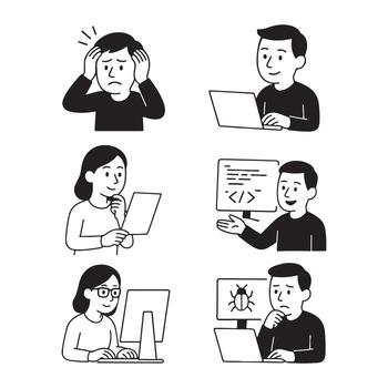 diverso personas trabajando en ordenadores codificación y depuración software. vector