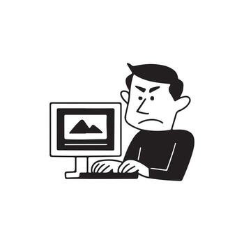 frustrado hombre trabajando en computadora. vector