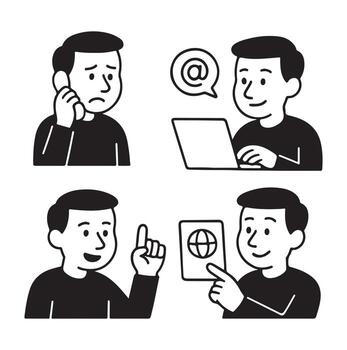 Set of four illustrations depicting various forms of communication and interaction. vector