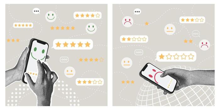 Trendy halftone collage. Customer feedback and rating system. Customer satisfaction assessment and online review concept. Feedback concept with low and high service ratings. vector