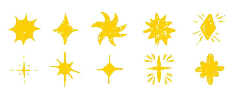 Star set crayon chalk pencil hand drawn scribble sketch or doodle design element. Textured sparkle figure school scribble bg. Crayon twinkle blink, firework, glitter silhouette and glowing symbols vector