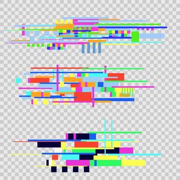 Glitch pixel set screen noice effect. Futuristic grain damage geometric grunge design element. Disintegration techno computer screen error templates. vector