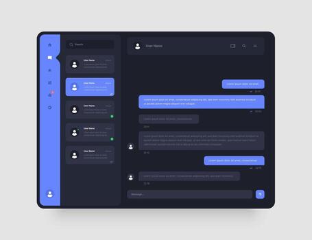 Dashboard Design with chat, social media, online messenger. App interface with UI and UX elements. Use design for web application, desktop app or website. Dark mode. vector
