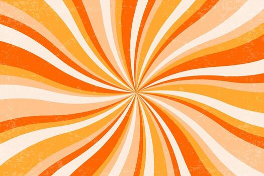 Retro spiral background with pattern of swirl radial rays. Carnival summer psychedelic bg. Abstract 70s orange circular striped textured backdrop. vector