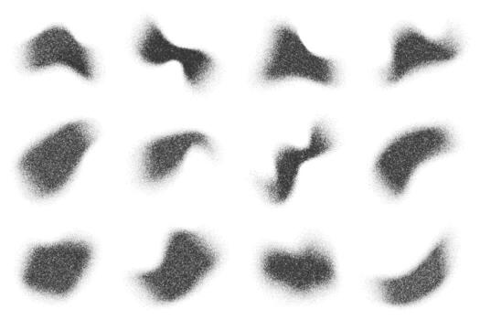 Grainy gradient shapes with pattern of noisy sand elements. Abstract stipple splashes on white background. Fluid shadows with dotted texture. Charcoal liquid stains. vector