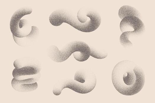 Stipple gradient shapes. 3D swirl lines with noise. Grainy geometric spirals with sand effect. Halftone trendy curved organic objects for modern posters and graphic design. vector