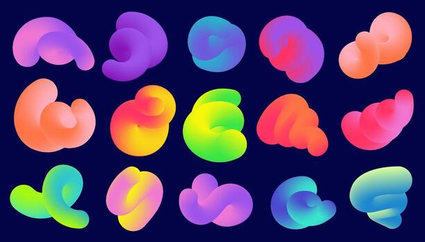 degradado resumen de colores formas en oscuro antecedentes. líquido 3d elementos. fluido ondulado y remolino espirales dinámica de moda brillante garabatos conjunto con suave gradación para póster diseño vector