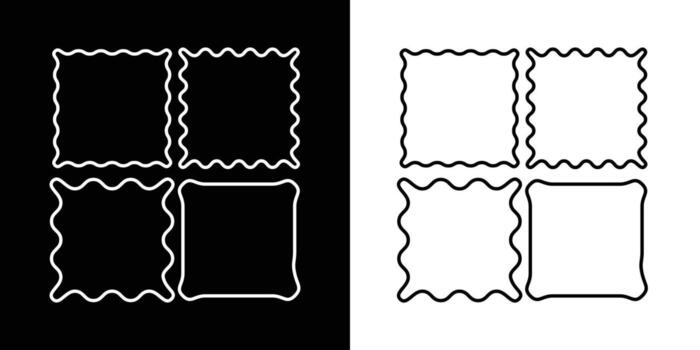 Squiggle frames icon set. Square frames with zigzag wavy border set. Wave and curvy borders isolated on black and white background. illustration. vector