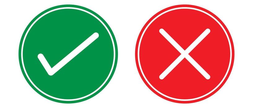 Tick and cross icon. Check mark icon button set. Green check mark and red cross mark icon isolated on white background. illustration. vector