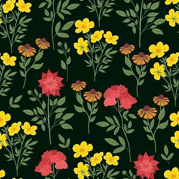 flores sin costura modelo con dalia, botón de oro, clavel, Rosa y coreopsis, helenio. dibujado a mano botánico ilustración, Perfecto para tela textil diseño y antecedentes. vector