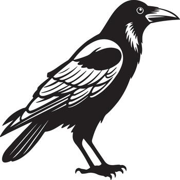 Monochrome Crow Illustration Striking Image of a Raven with Detailed Feather Patterns and Intense Gaze Making a Bold Statement vector
