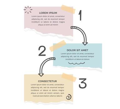 Infographic template with three options with paper notes and hand drawn arrows vector