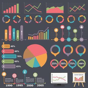 infografía elementos recopilación, conjunto de diferente gráficos, cartas y diagramas, oscuro antecedentes vector