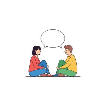 A boy and girl in conversation, communicating and speaking face to face with a speech bubble, discussing and contemplating togetherness and cooperation, diversity in counseling and teamwork vector