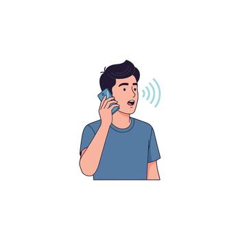Young man speaking on the phone, engaging in a verbal communication and dialogue, actively participating in a conversation, with sound waves emanating from his mouth, conveying speech and messaging vector