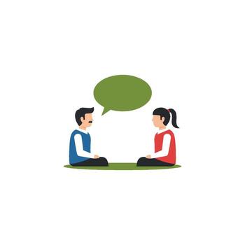 Illustration of a boy and girl engaged in a face-to-face conversation, speaking with a speech bubble signifying their verbal communication, dialogue, and focused discussion vector