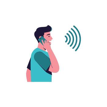 Flat illustration of a boy speaking on a mobile phone, engaging in verbal communication. A clear conversation and modern dialogue for effective messaging vector
