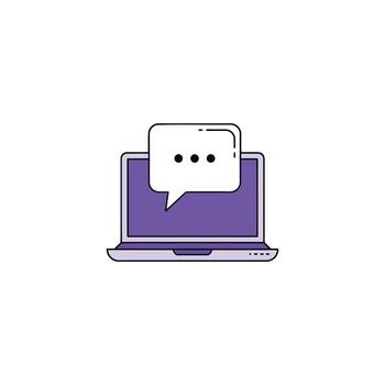 illustration of a laptop with a speech bubble, symbolizing online discussion and communication, perfect for presentations and web design, with concepts of speech therapy and brainstorming vector
